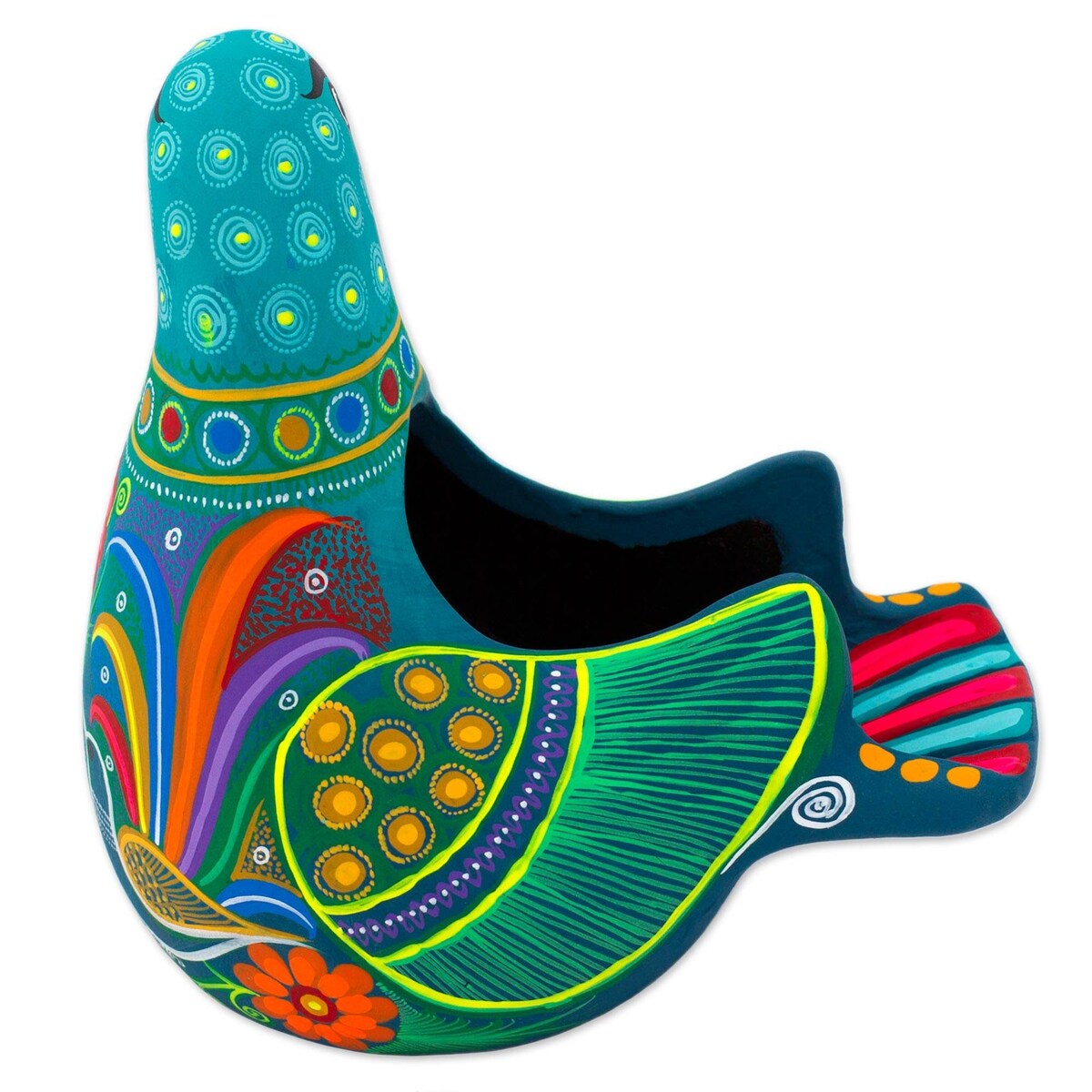 Handmade Teal Dove Ceramic Sculpture (Mexico) - 6.5" H x 6.75" W x 4.7" D
