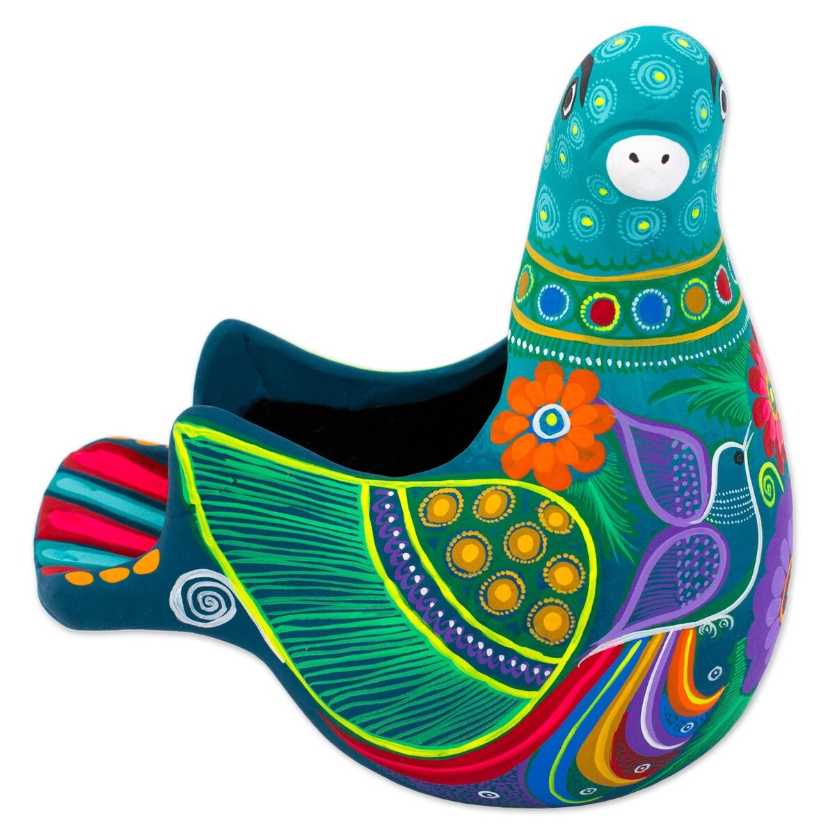 Handmade Teal Dove Ceramic Sculpture (Mexico) - 6.5" H x 6.75" W x 4.7" D