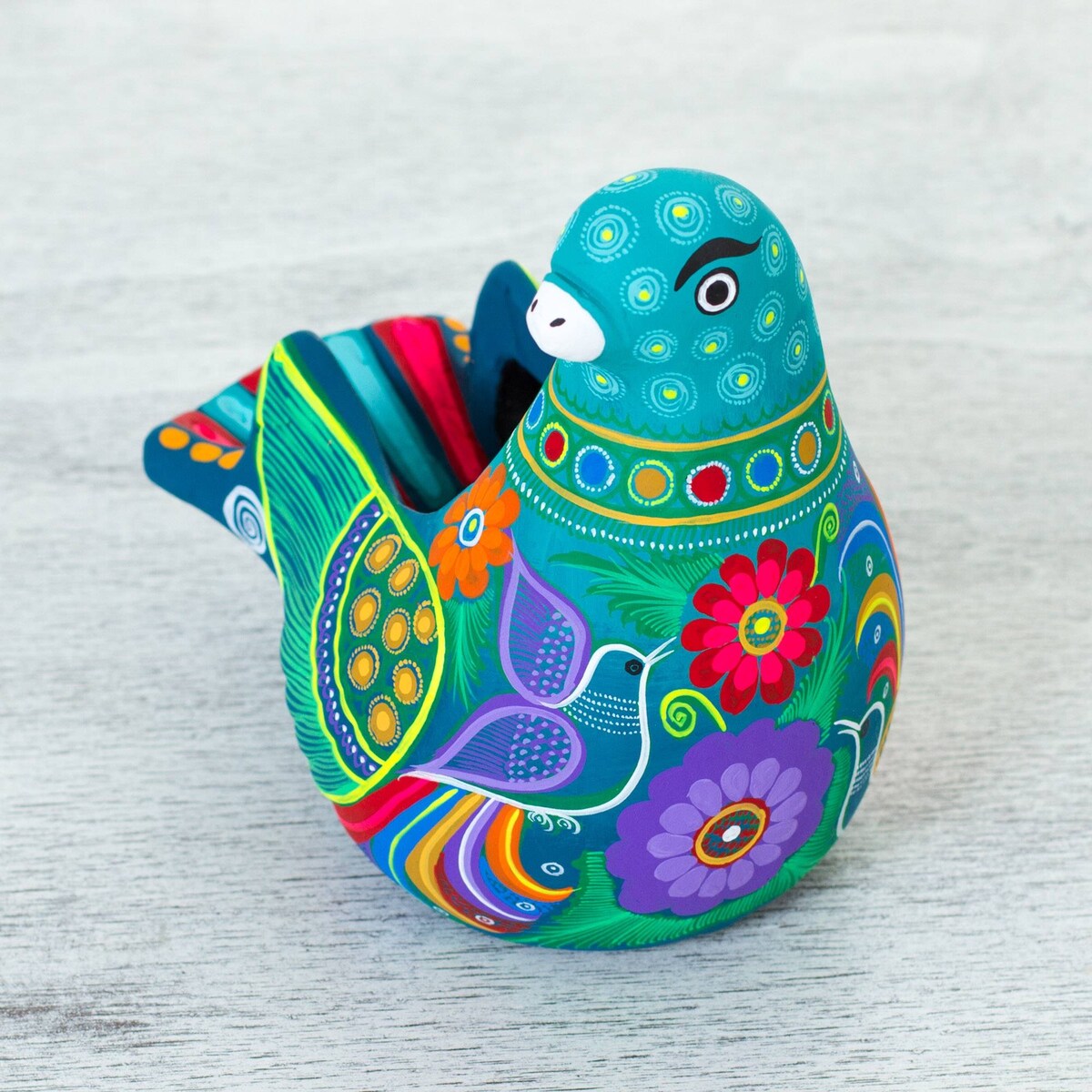 Handmade Teal Dove Ceramic Sculpture (Mexico) - 6.5" H x 6.75" W x 4.7" D