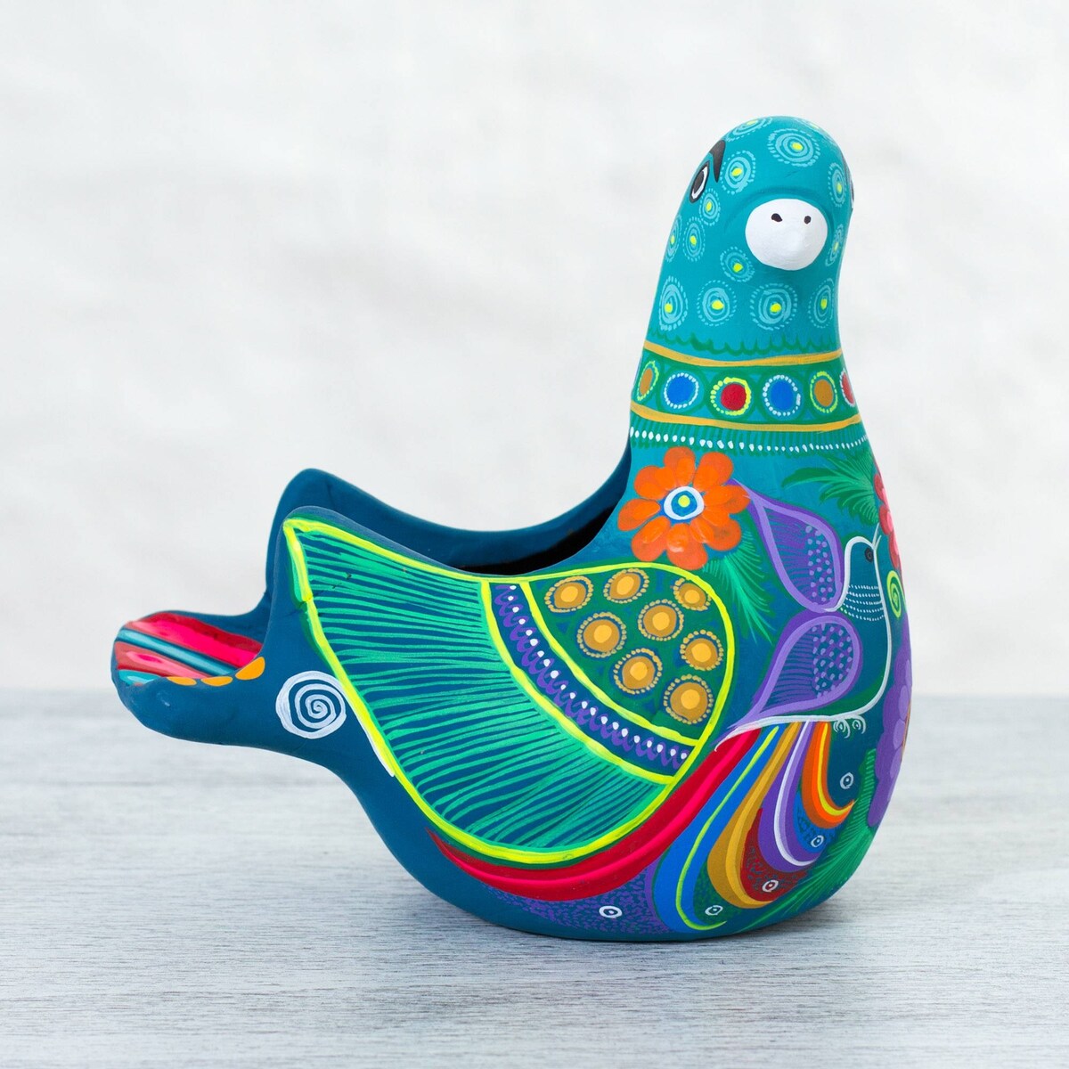 Handmade Teal Dove Ceramic Sculpture (Mexico) - 6.5" H x 6.75" W x 4.7" D