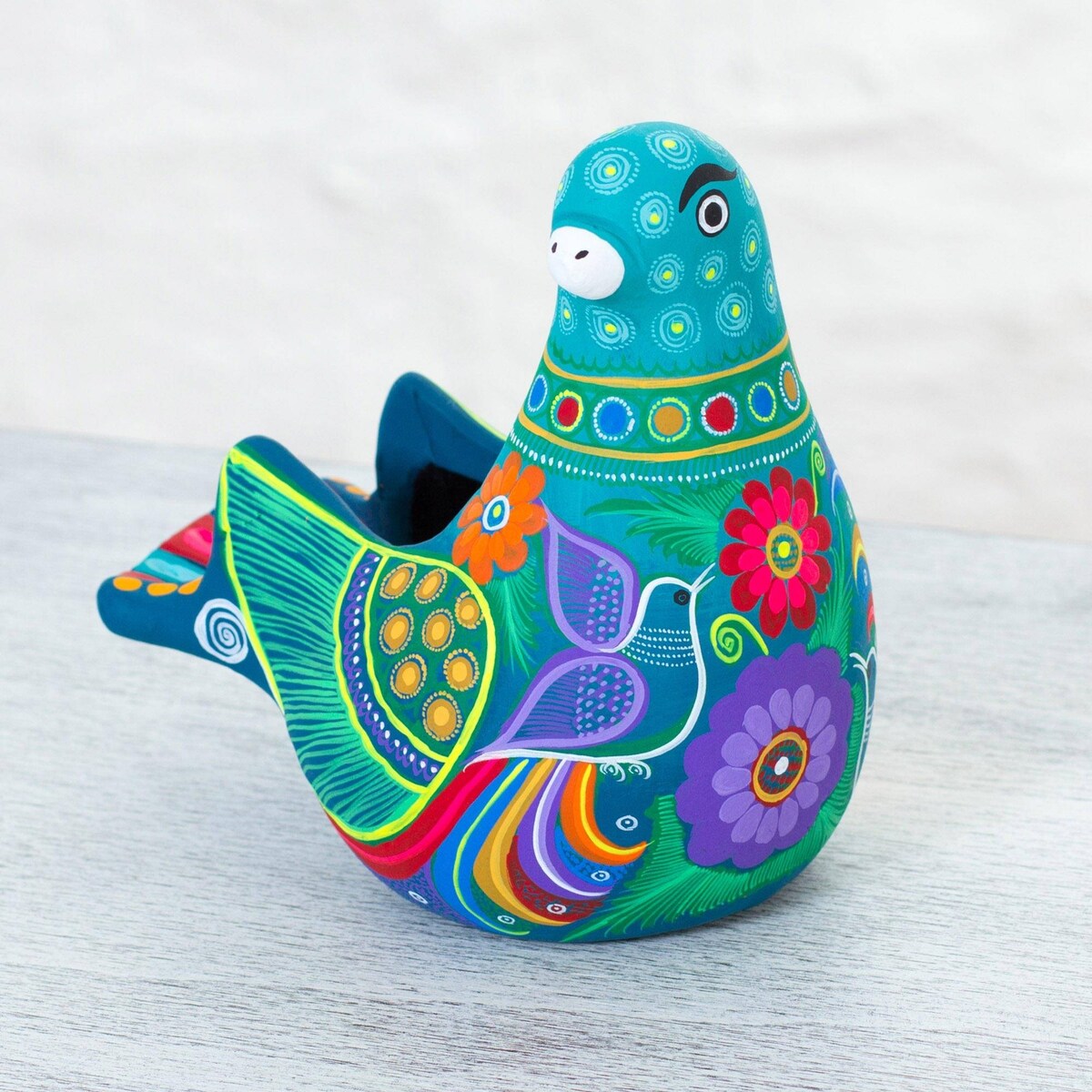 Handmade Teal Dove Ceramic Sculpture (Mexico) - 6.5" H x 6.75" W x 4.7" D