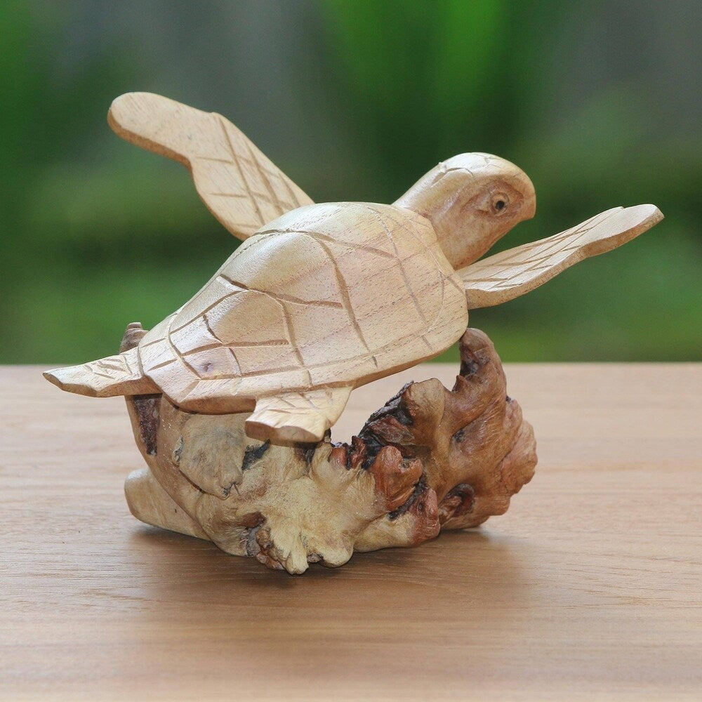 Handmade Turtle Current Wood Sculpture (Indonesia) - 4.7" H x 7.25" W x 5.75" D