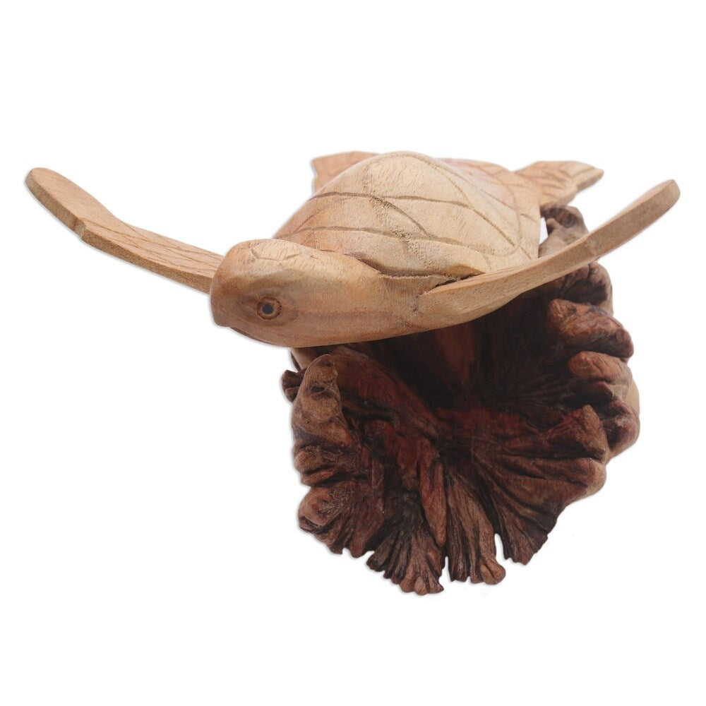 Handmade Turtle Current Wood Sculpture (Indonesia) - 4.7" H x 7.25" W x 5.75" D