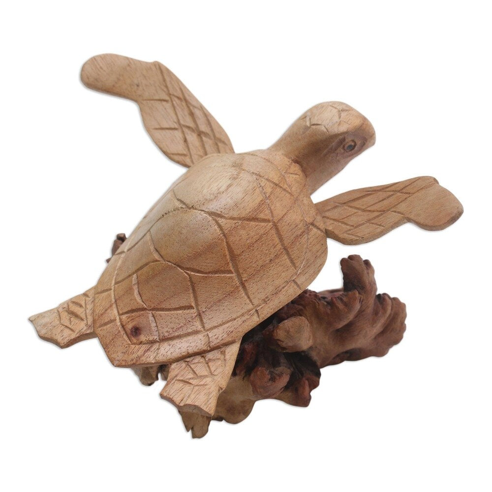 Handmade Turtle Current Wood Sculpture (Indonesia) - 4.7" H x 7.25" W x 5.75" D