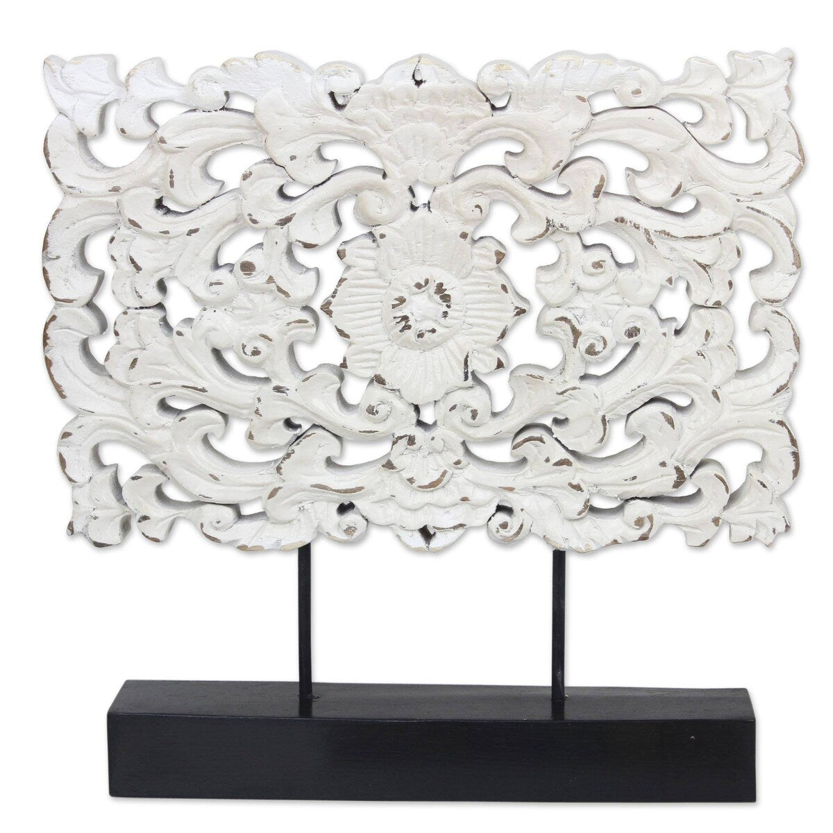 Handmade White Floral Magnificence Wood Sculpture (Thailand) - 11.5" H x 11.5" W x 2.2" D
