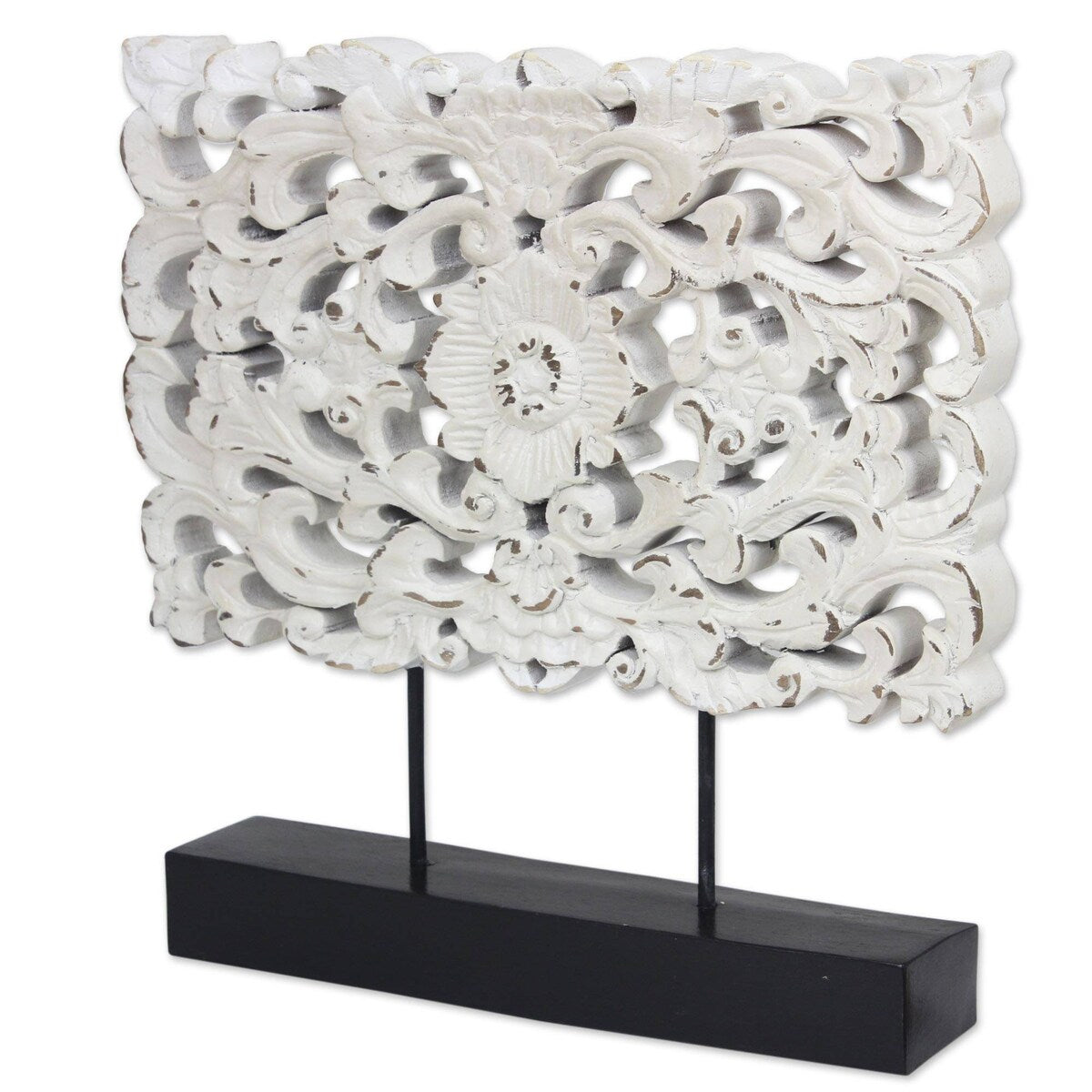 Handmade White Floral Magnificence Wood Sculpture (Thailand) - 11.5" H x 11.5" W x 2.2" D