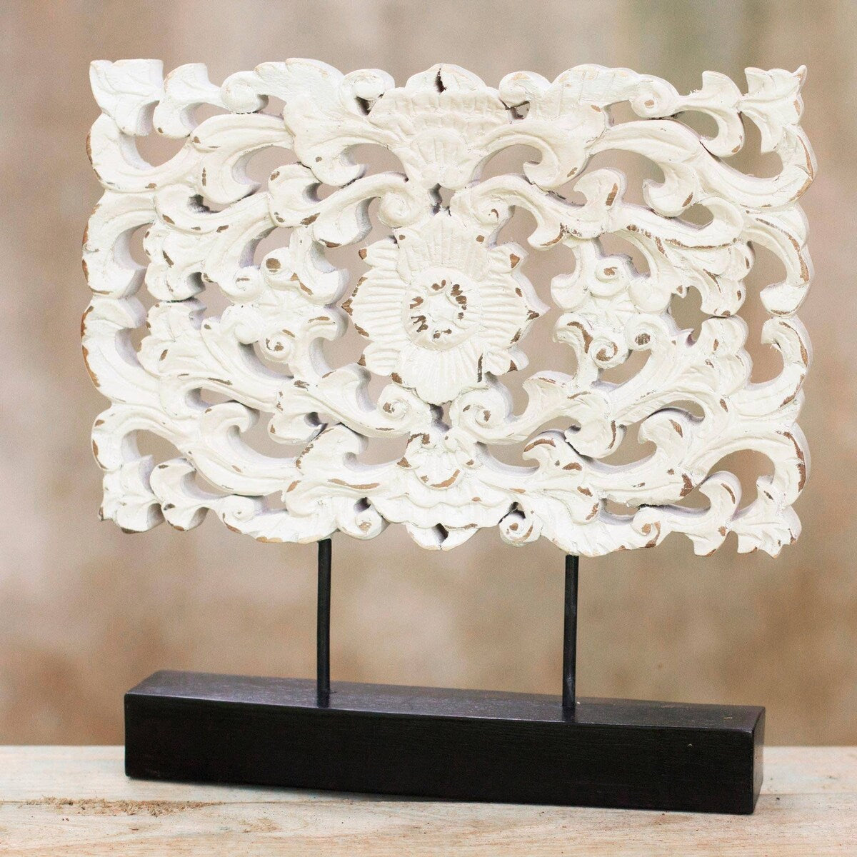 Handmade White Floral Magnificence Wood Sculpture (Thailand) - 11.5" H x 11.5" W x 2.2" D