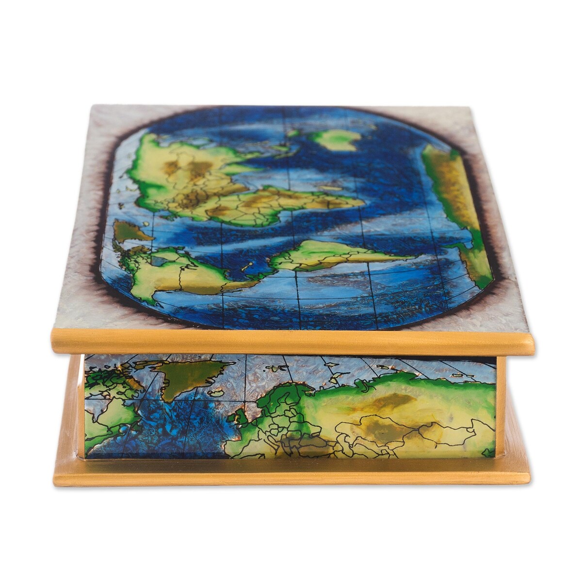 Handmade Wood Decorative Box Reverse-Painted Glass Map of the World (Peru) - 8' x 10'
