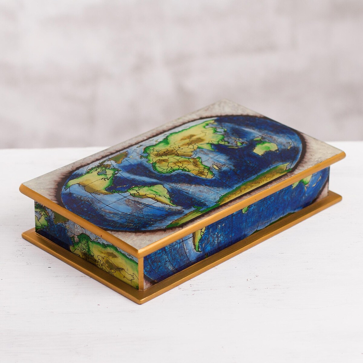 Handmade Wood Decorative Box Reverse-Painted Glass Map of the World (Peru) - 8' x 10'
