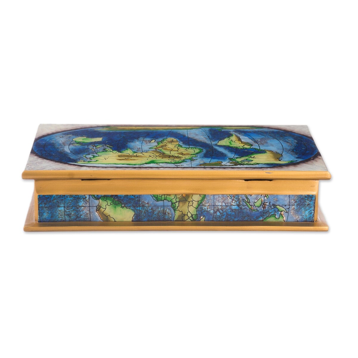 Handmade Wood Decorative Box Reverse-Painted Glass Map of the World (Peru) - 8' x 10'