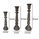 Handmade Wooden Candle Holder with Ribbed Pattern, Brown and Gray, Set of 3