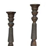 Handmade Wooden Candle Holder with Ribbed Pattern, Brown and Gray, Set of 3