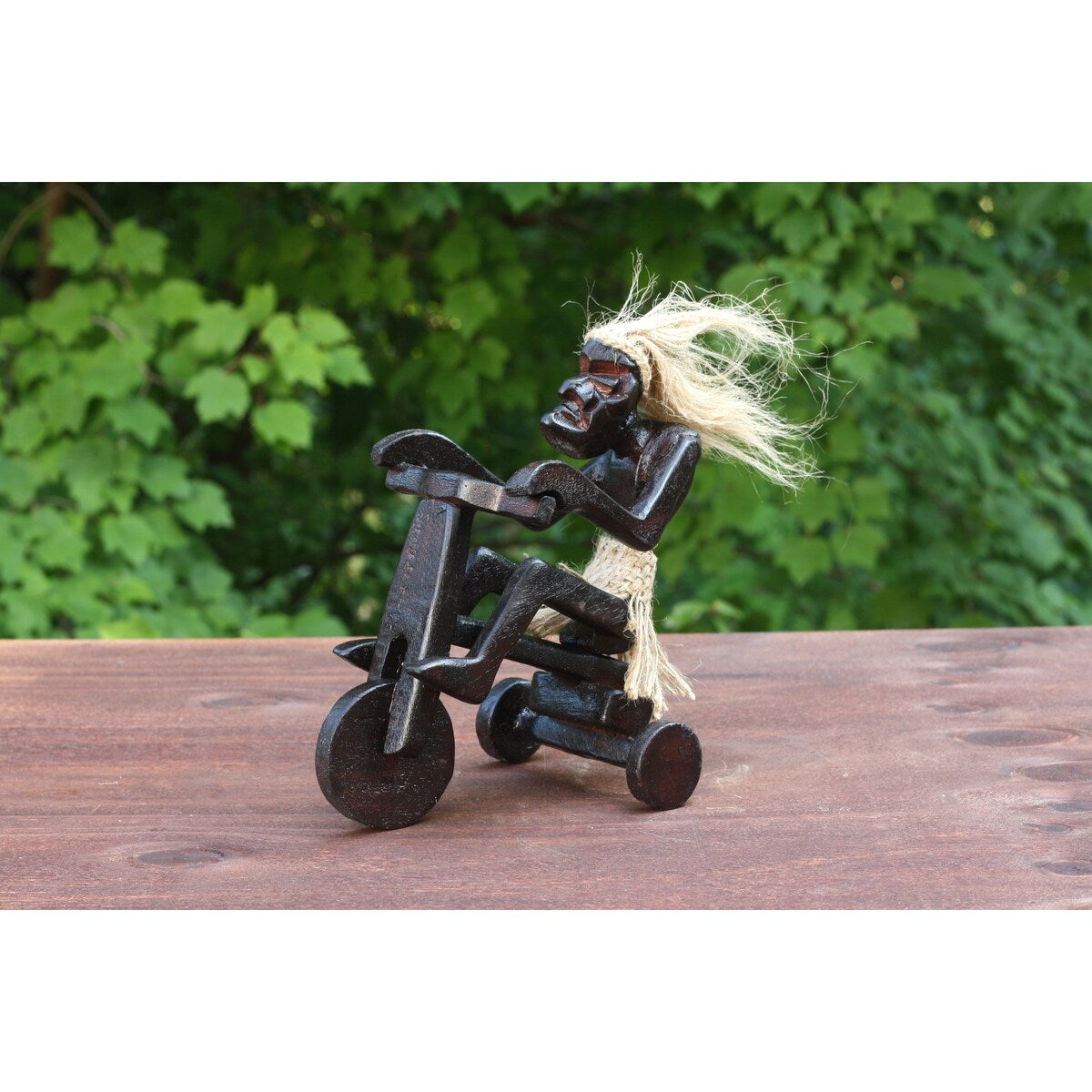 Handmade Wooden Primitive Tribal Riding Tricycle Statue Sculpture Tiki Bar Unique Gift Wood Home Decor Figurine Hand Carved