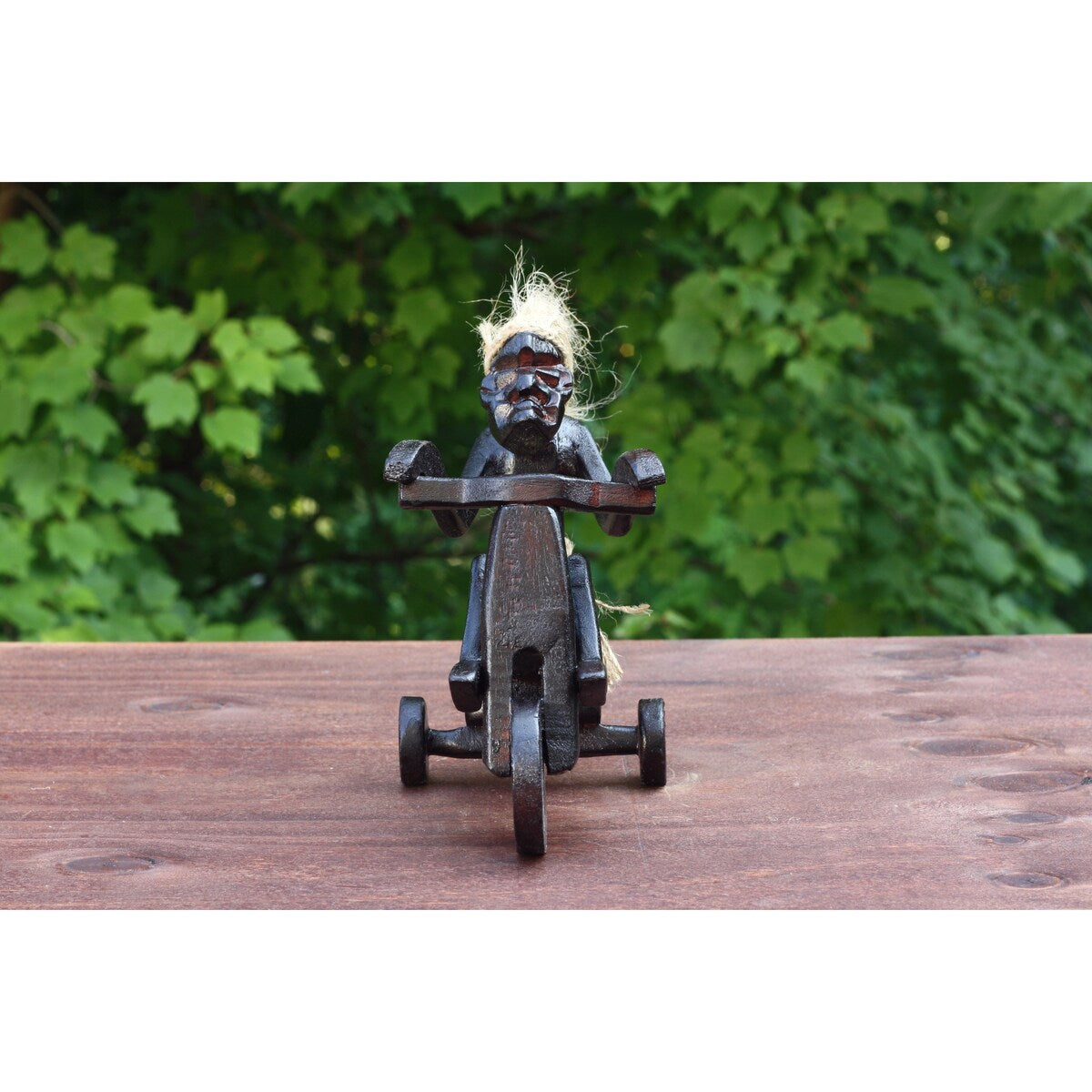Handmade Wooden Primitive Tribal Riding Tricycle Statue Sculpture Tiki Bar Unique Gift Wood Home Decor Figurine Hand Carved