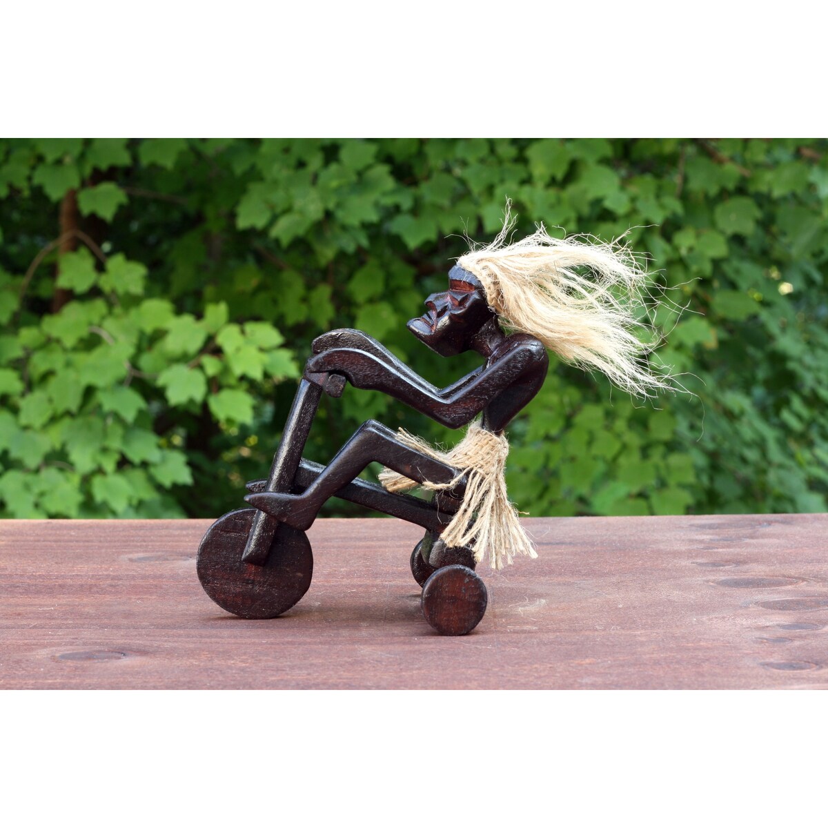 Handmade Wooden Primitive Tribal Riding Tricycle Statue Sculpture Tiki Bar Unique Gift Wood Home Decor Figurine Hand Carved