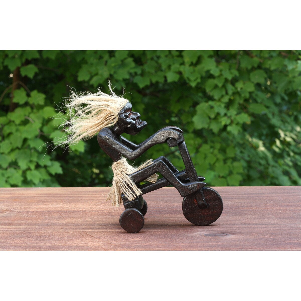 Handmade Wooden Primitive Tribal Riding Tricycle Statue Sculpture Tiki Bar Unique Gift Wood Home Decor Figurine Hand Carved