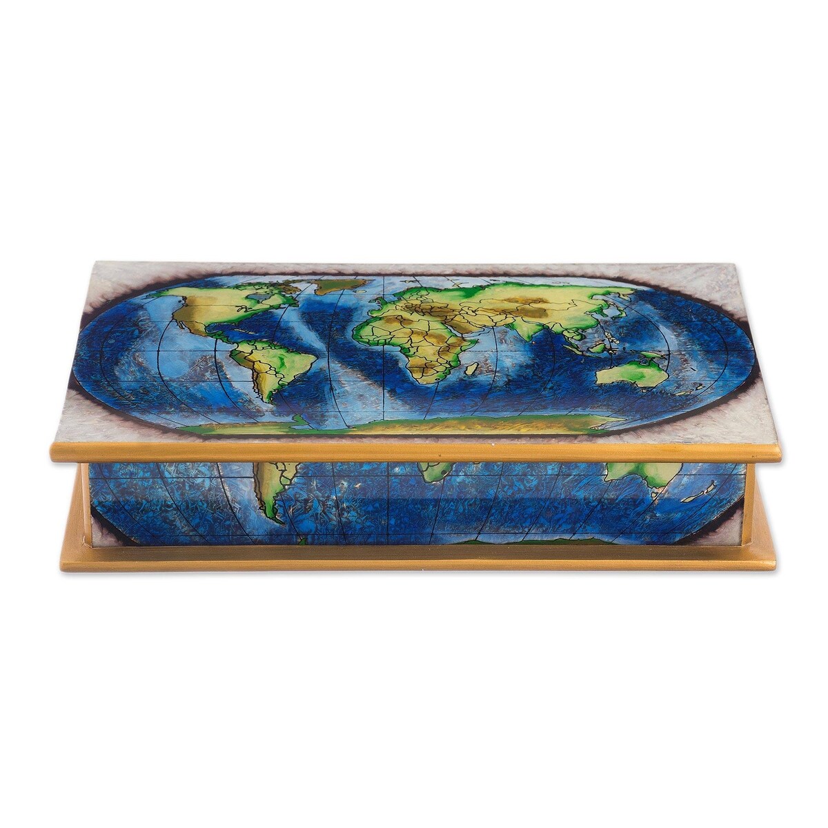 Handmade Wood Decorative Box Reverse-Painted Glass Map of the World (Peru) - 8' x 10'