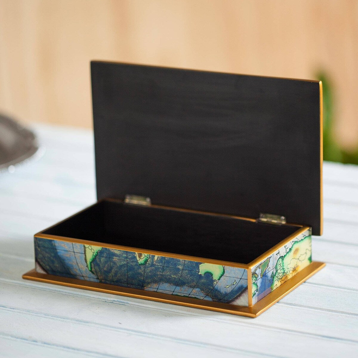 Handmade Wood Decorative Box Reverse-Painted Glass Map of the World (Peru) - 8' x 10'