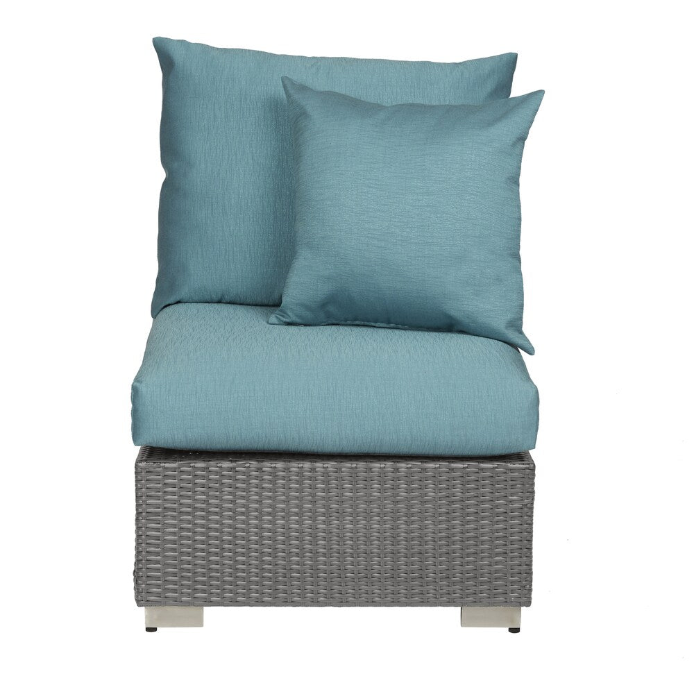 Handy Living Aldrich Outdoor Smoke Grey Woven Rattan Armless Chair with Sunbelievable Teal Blue Cushions
