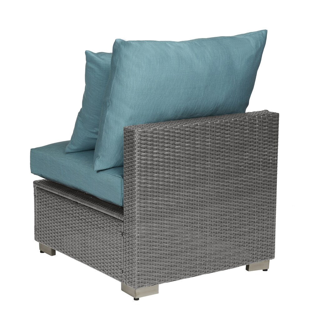 Handy Living Aldrich Outdoor Smoke Grey Woven Rattan Armless Chair with Sunbelievable Teal Blue Cushions