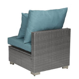 Handy Living Aldrich Outdoor Smoke Grey Woven Rattan Armless Chair with Sunbelievable Teal Blue Cushions