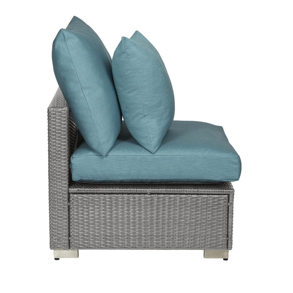 Handy Living Aldrich Outdoor Smoke Grey Woven Rattan Armless Chair with Sunbelievable Teal Blue Cushions