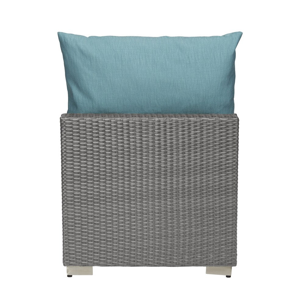 Handy Living Aldrich Outdoor Smoke Grey Woven Rattan Armless Chair with Sunbelievable Teal Blue Cushions