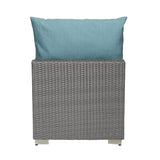 Handy Living Aldrich Outdoor Smoke Grey Woven Rattan Armless Chair with Sunbelievable Teal Blue Cushions