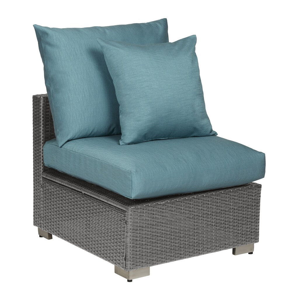 Handy Living Aldrich Outdoor Smoke Grey Woven Rattan Armless Chair with Sunbelievable Teal Blue Cushions