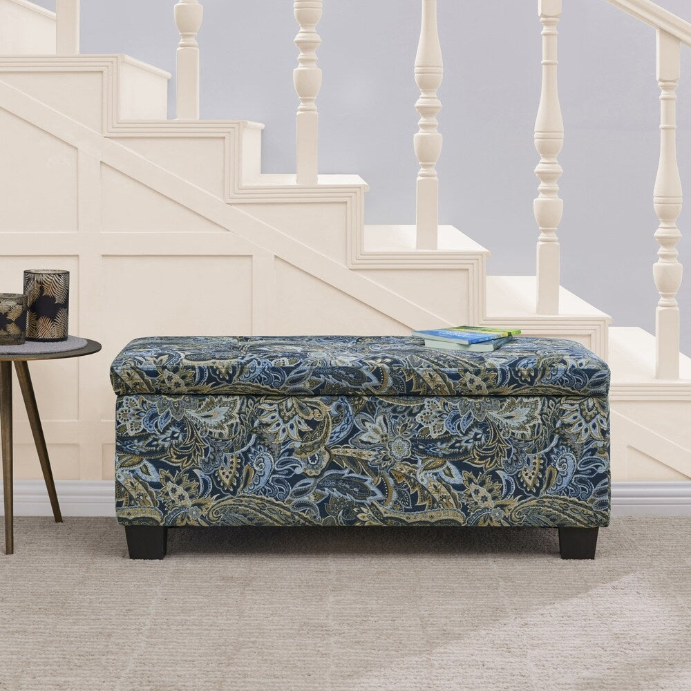 Handy Living LaSalle Blue Paisley Velvet Tufted Wall Hugger Storage Ottoman