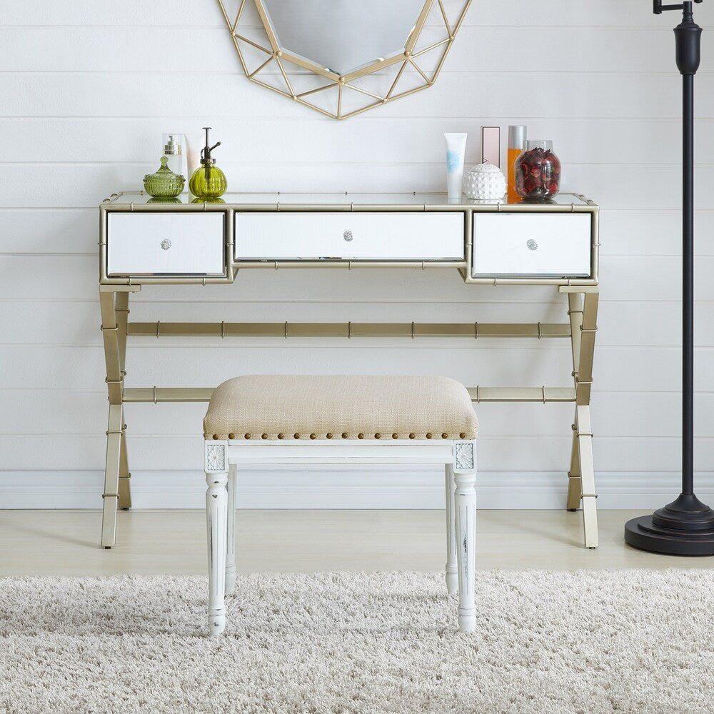 Handy Living Ramah Oatmeal Tan Upholstered White Wood Bench Ottoman