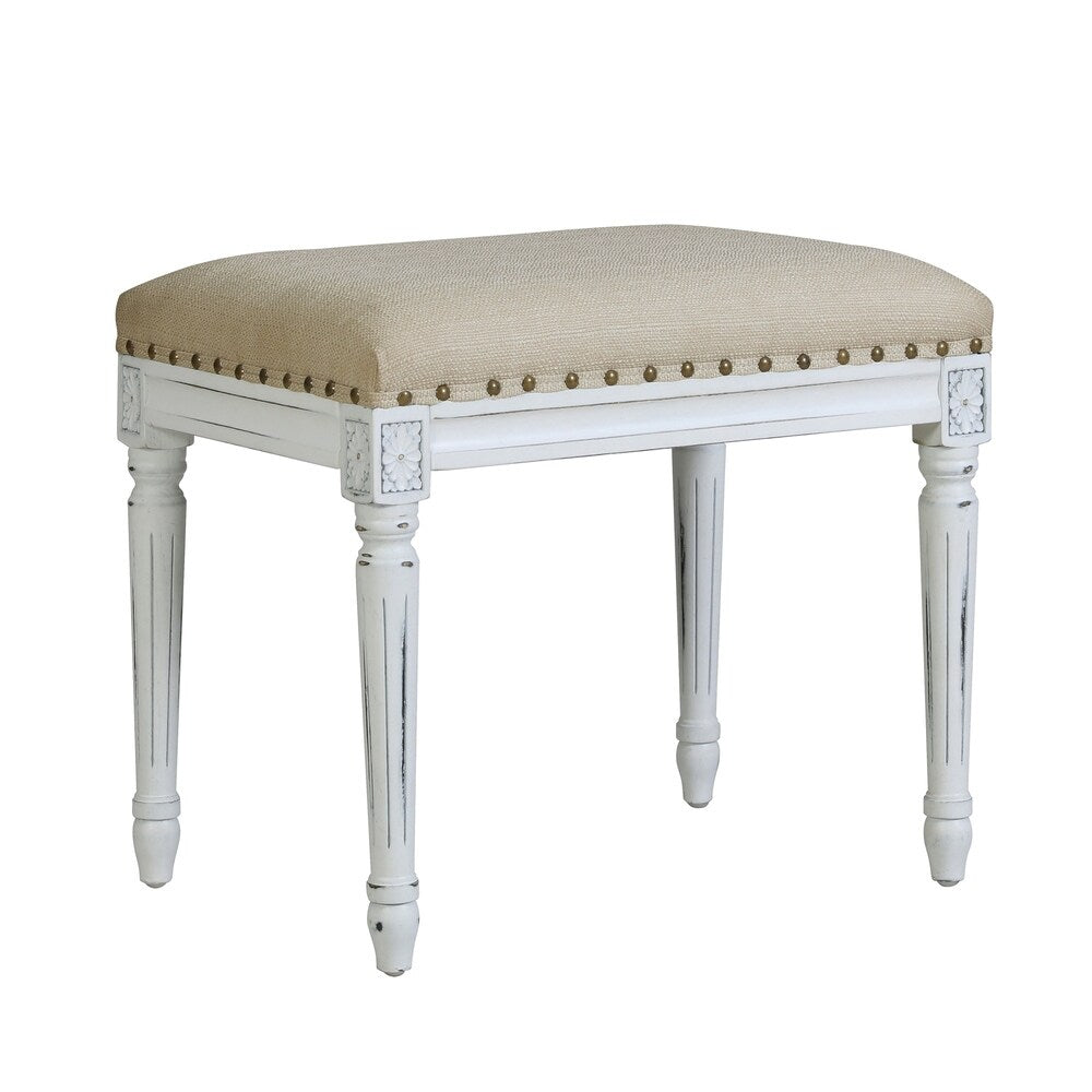 Handy Living Ramah Oatmeal Tan Upholstered White Wood Bench Ottoman