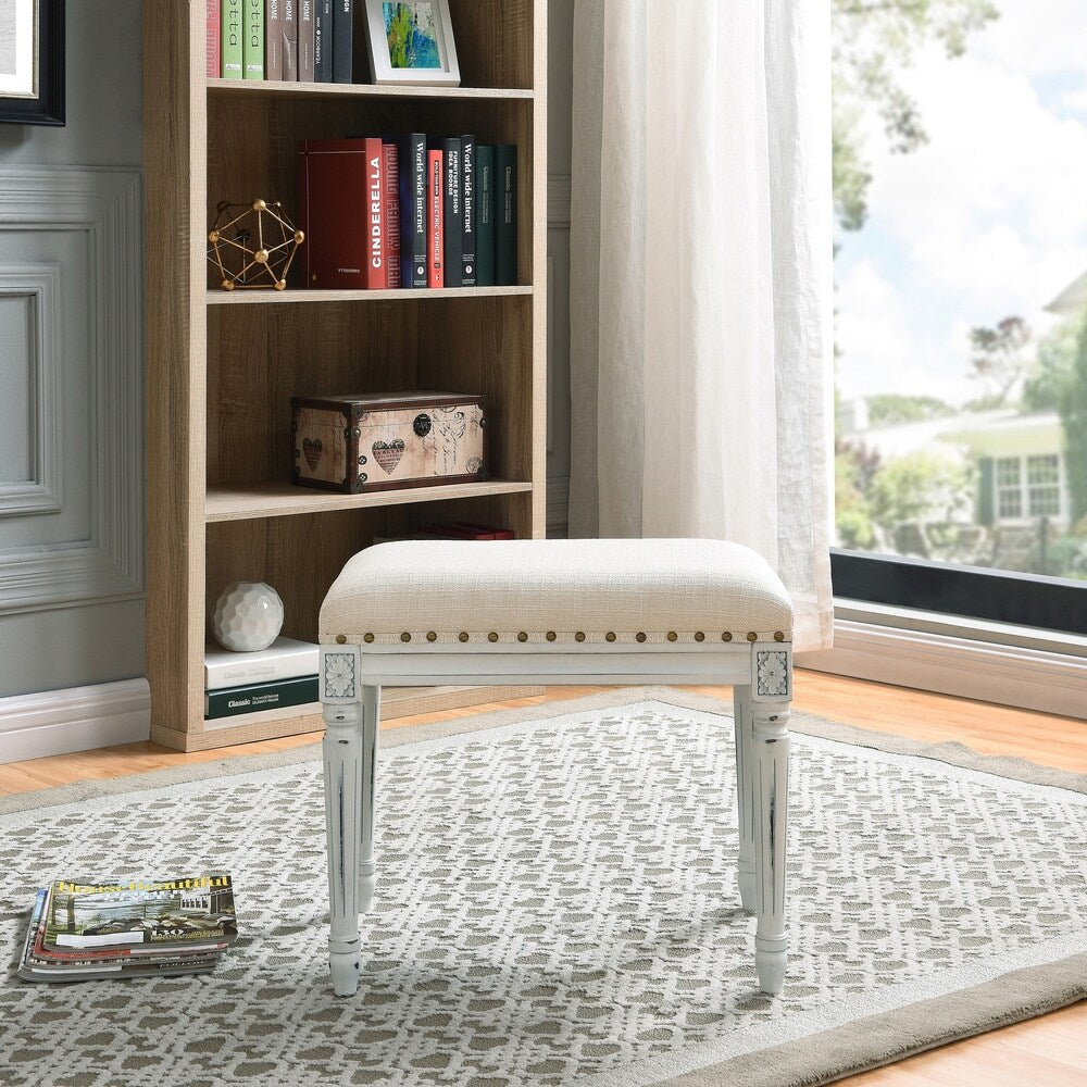 Handy Living Ramah Oatmeal Tan Upholstered White Wood Bench Ottoman