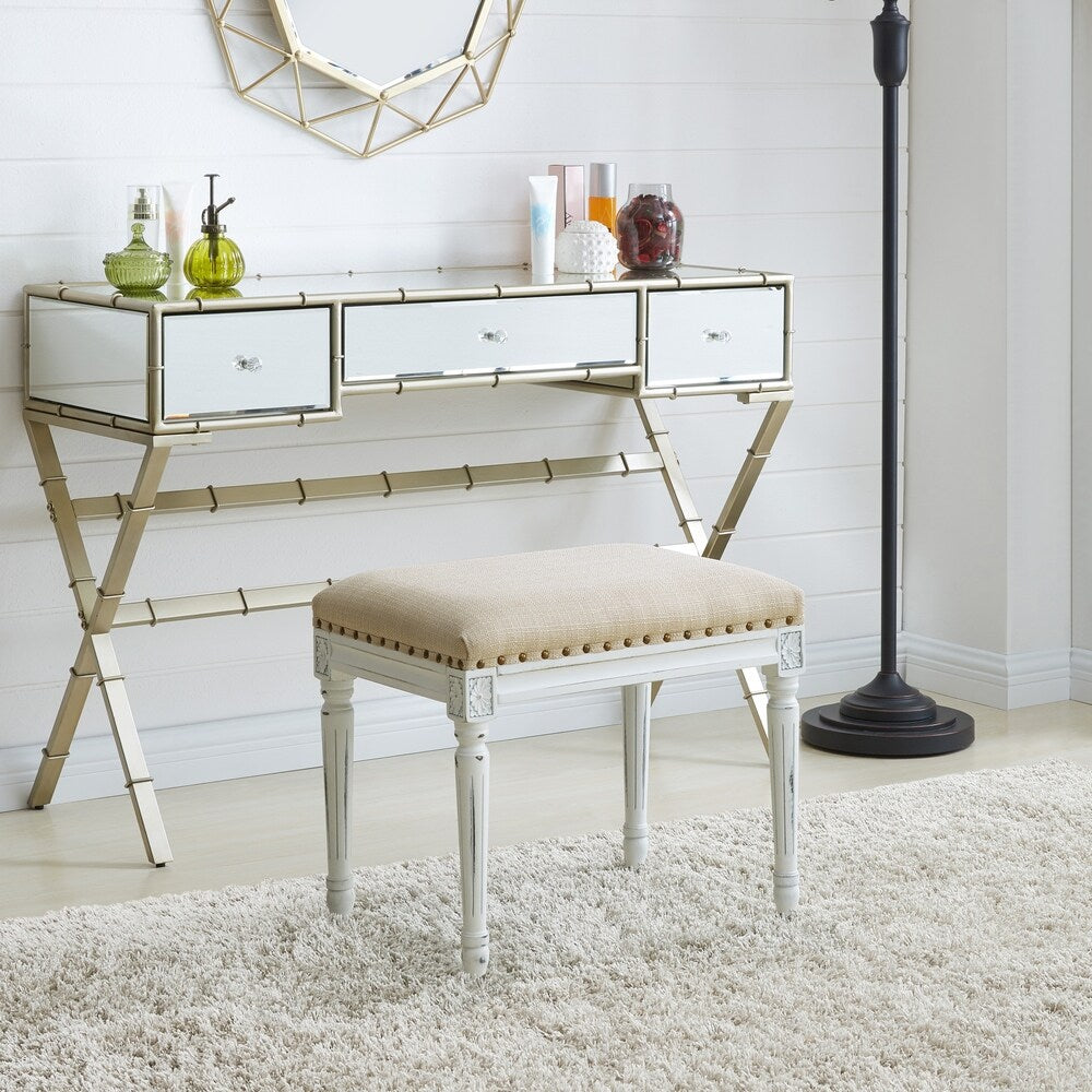 Handy Living Ramah Oatmeal Tan Upholstered White Wood Bench Ottoman