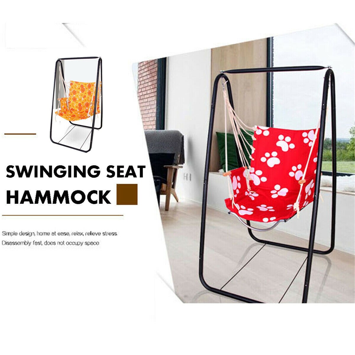 Hanging Hammock Swing Cotton Rope Chair Patio Iron Rack Stand set - BLAK