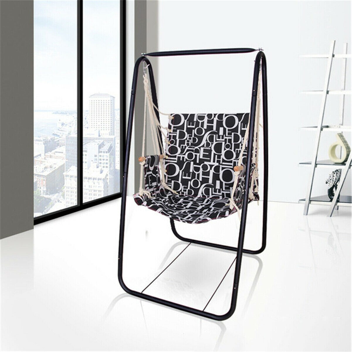 Hanging Hammock Swing Cotton Rope Chair Patio Iron Rack Stand set - BLAK