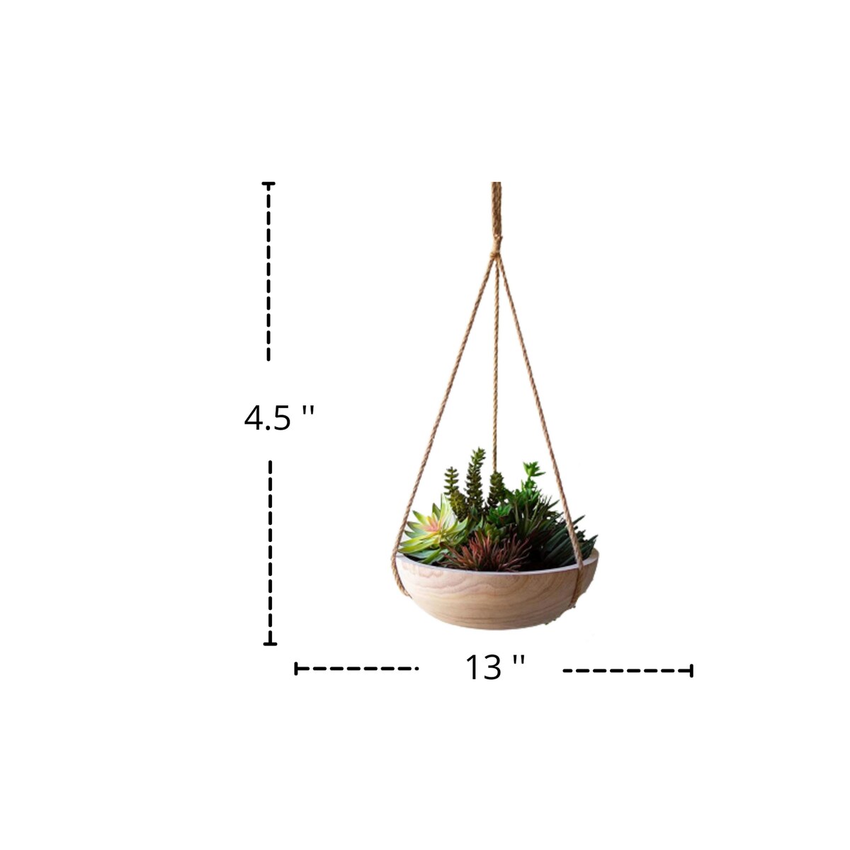 Hanging Wooden Bowl Planter - 13-inch Diameter - Exact Size