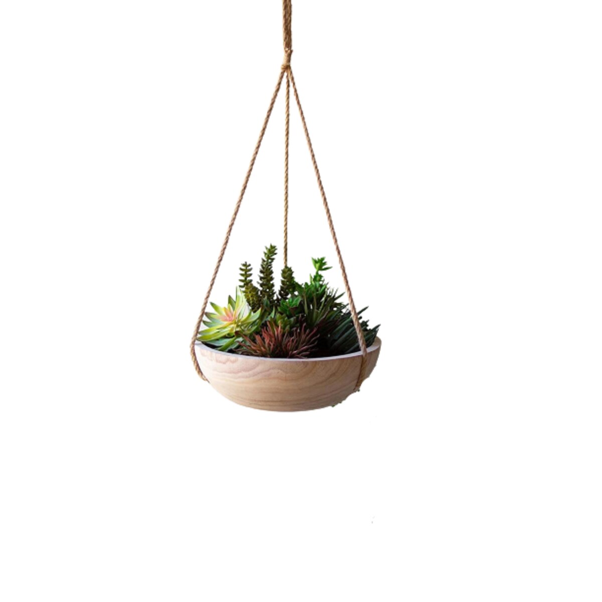 Hanging Wooden Bowl Planter - 13-inch Diameter - Exact Size