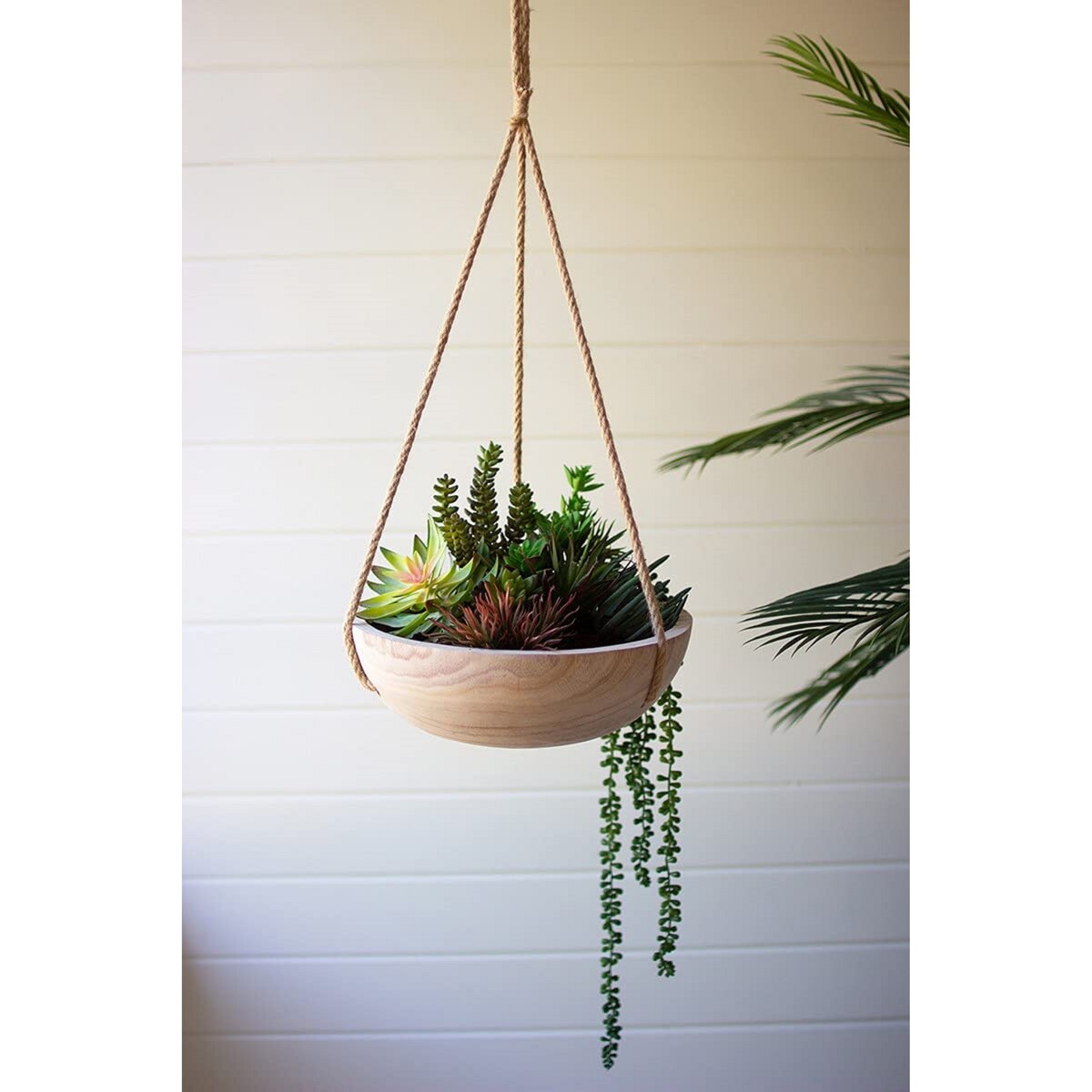 Hanging Wooden Bowl Planter - 13-inch Diameter - Exact Size