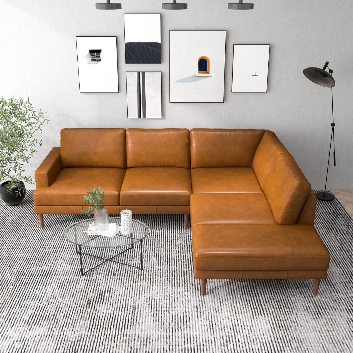Hannah Mid-Century Modern Living Room Top Leather Corner Sectional Couch in Cognac Tan