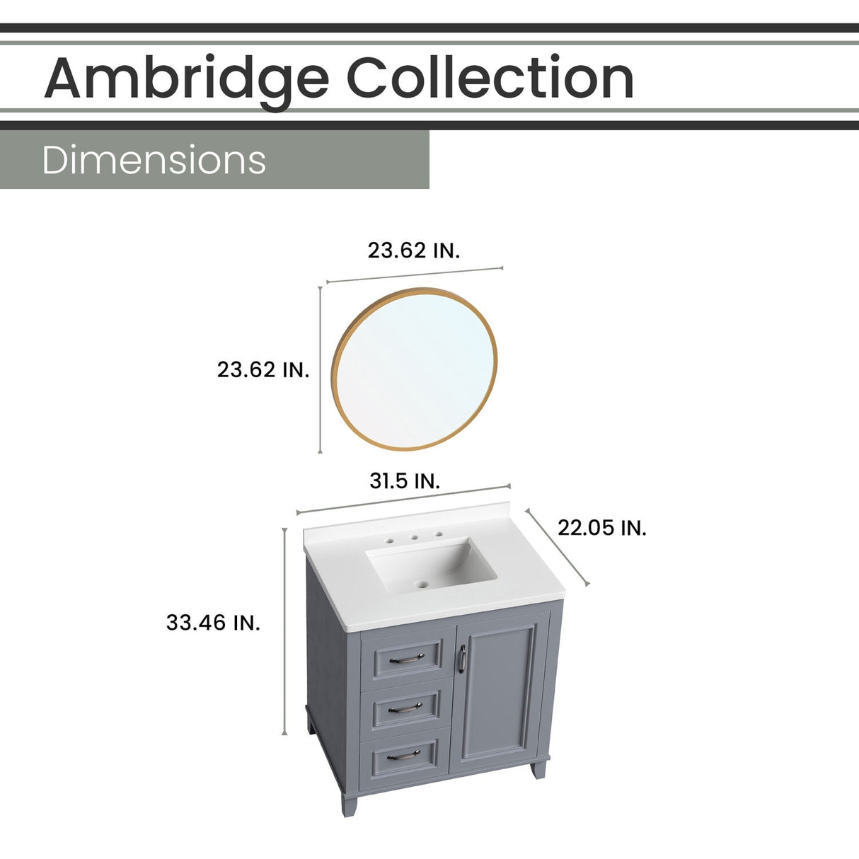 Hanover Ambridge 31-In. Bathroom Vanity Set includes Sink, Countertop, plus Cabinet w/1 Door, 3 Drawers & Accent Mirror, Gray