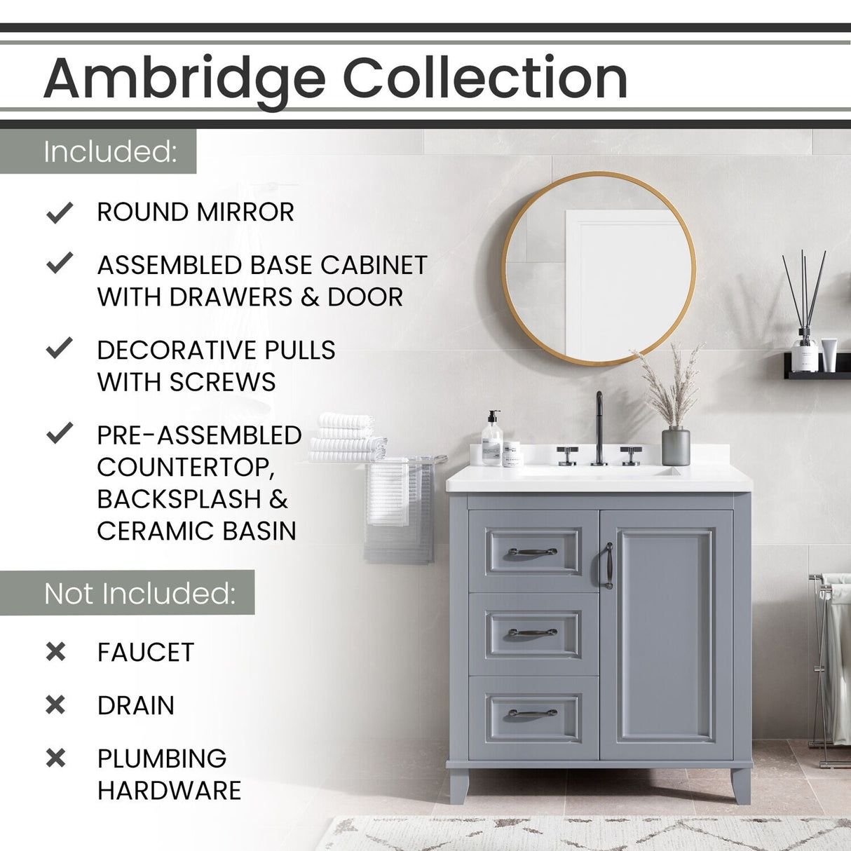 Hanover Ambridge 31-In. Bathroom Vanity Set includes Sink, Countertop, plus Cabinet w/1 Door, 3 Drawers & Accent Mirror, Gray