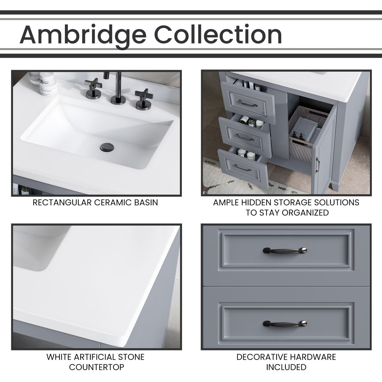 Hanover Ambridge 31-In. Bathroom Vanity Set includes Sink, Countertop, plus Cabinet w/1 Door, 3 Drawers & Accent Mirror, Gray