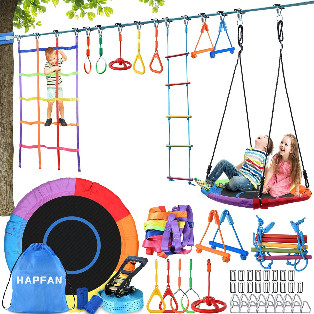 Hapfan 50ft Ninja Warrior Obstacle Course for Kids with Swing,Tree Slackline Jungle Gym Outdoor