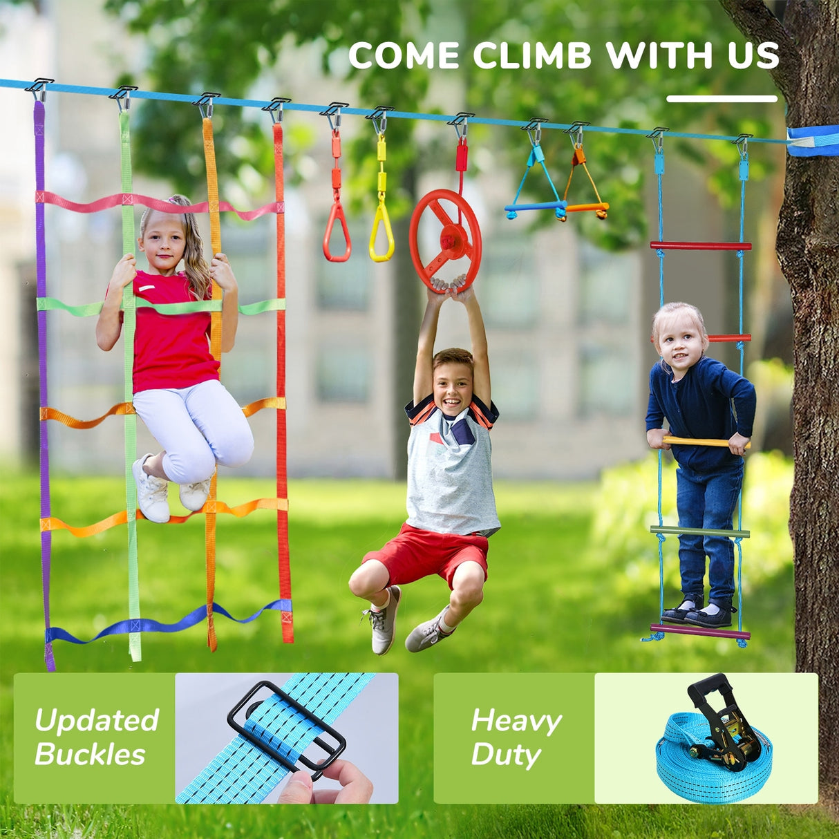 Hapfan 50ft Ninja Warrior Obstacle Course for Kids with Swing,Tree Slackline Jungle Gym Outdoor
