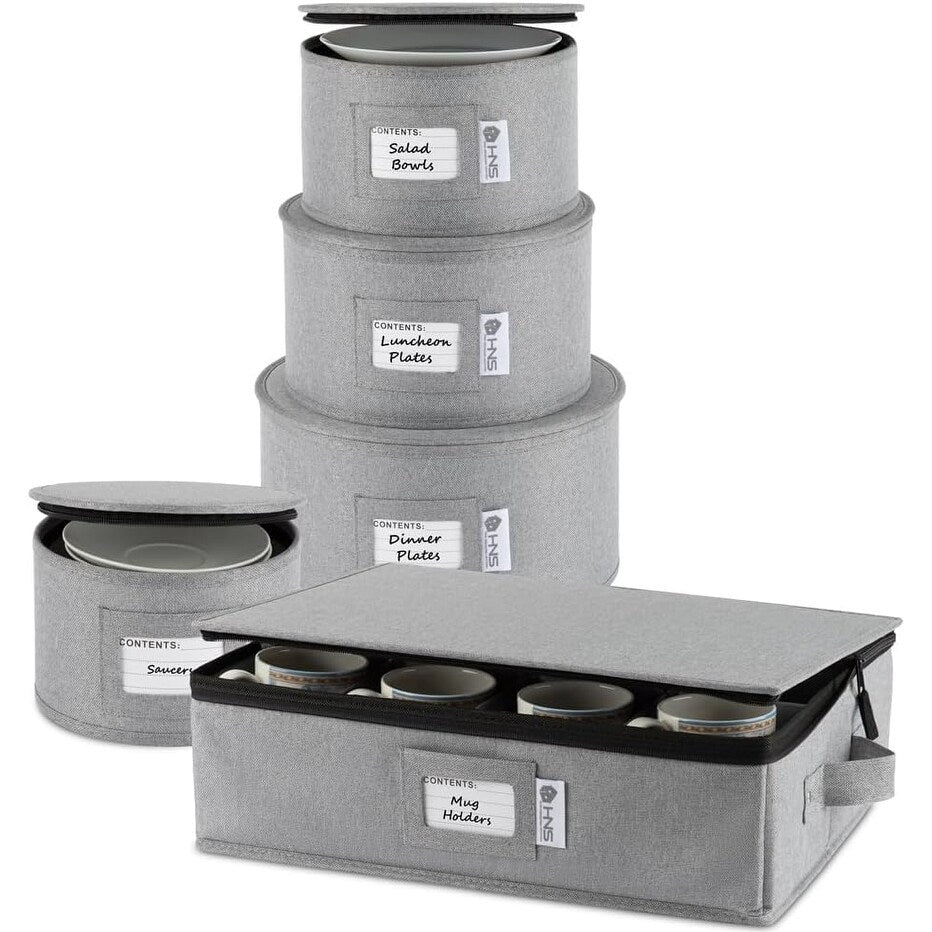 Hard Shell China Storage Containers 5-Piece Set Moving Boxes for Dinnerware, Glasses, Plates, Mugs and Saucers