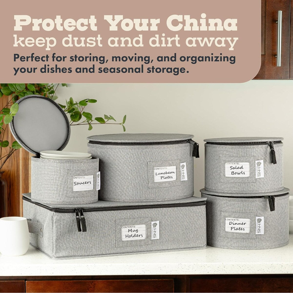 Hard Shell China Storage Containers 5-Piece Set Moving Boxes for Dinnerware, Glasses, Plates, Mugs and Saucers