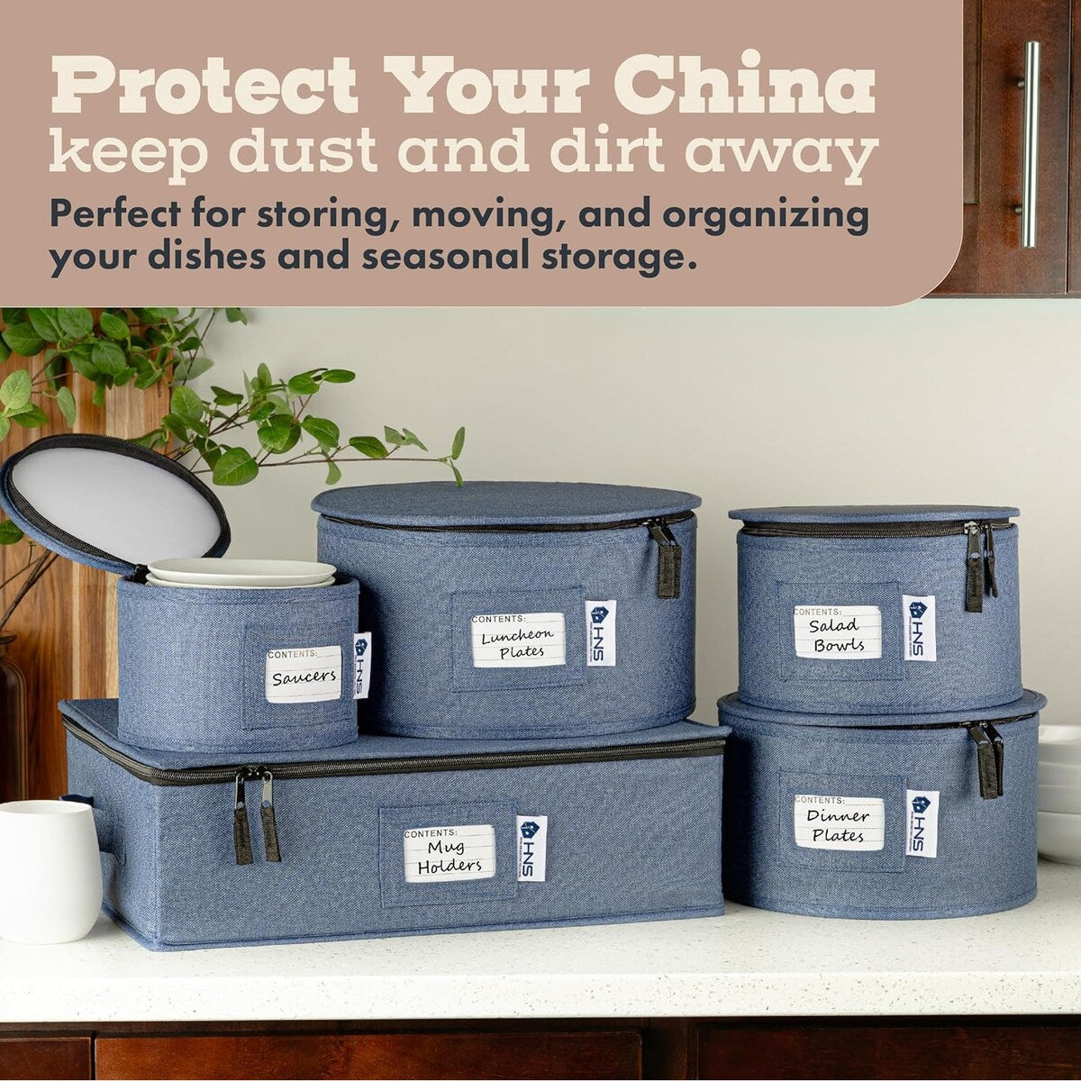 Hard Shell China Storage Containers 5-Piece Set Moving Boxes for Dinnerware, Glasses, Plates, Mugs and Saucers