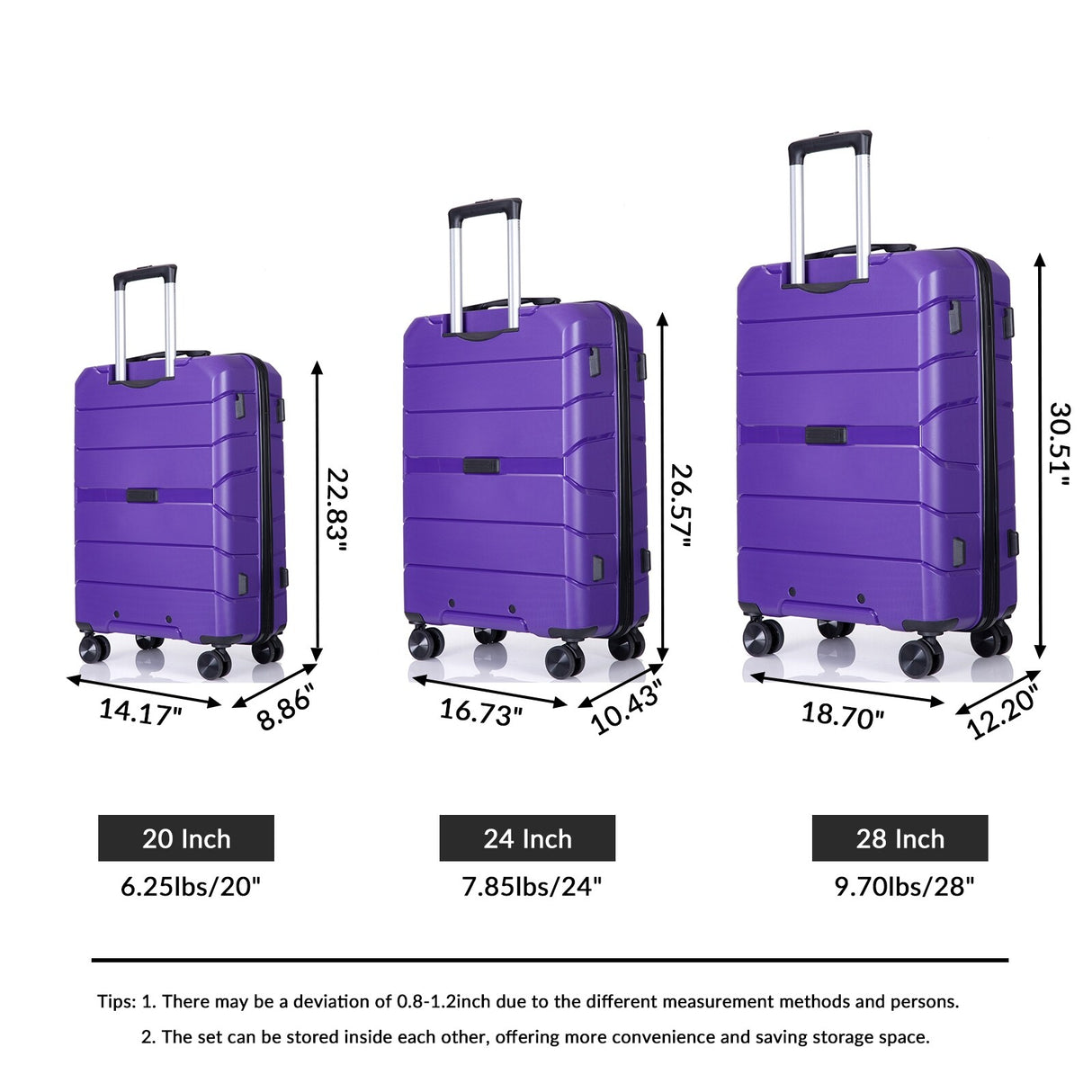 Hardshell Suitcase Spinner Wheels PP Luggage Sets Lightweight Durable Suitcase with TSA Lock,3-Piece Set (20/24/28)