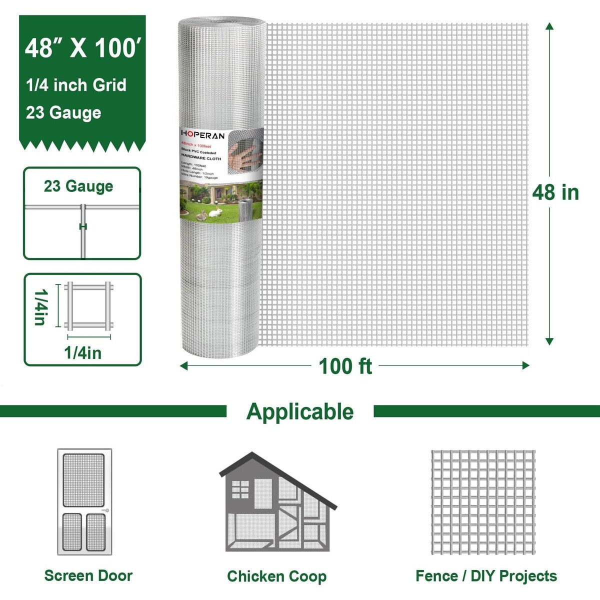 Hardware Cloth 1/4 Inch 23 Gauge, Square Chicken Wire Fencing Mesh Roll, Chicken Coop Wire Fence Raised Poultry Netting Cage